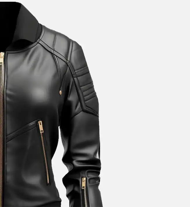 Women’s Sheepskin Black Leather Bomber Jacket – with Quilted Padded Shoulders