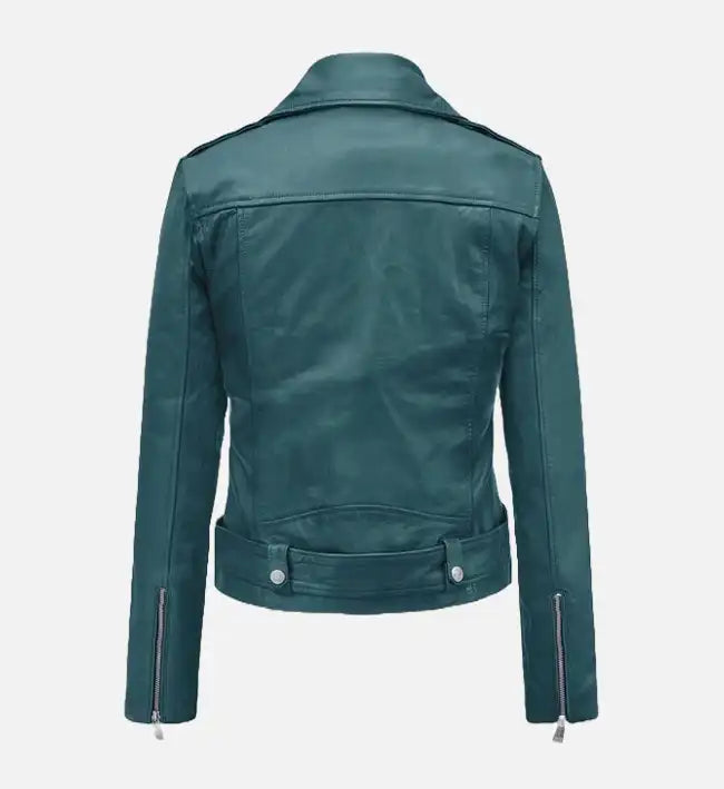 Women’s Prussian Blue Sheepskin Leather Biker Jacket with Asymmetrical Zipper