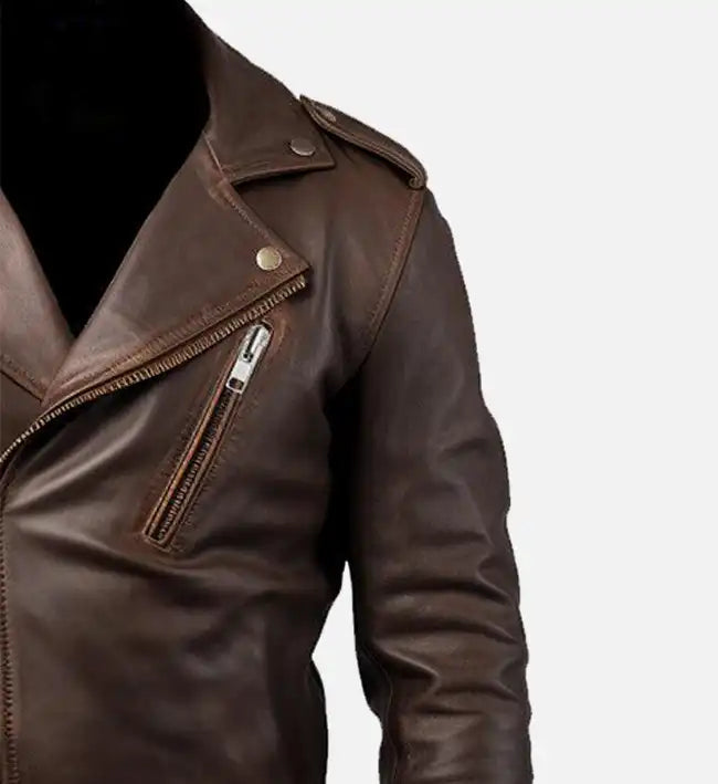 Men’s Sheepskin Leather Rider Jacket – Brown with Wide Lapel and Distressed Finish