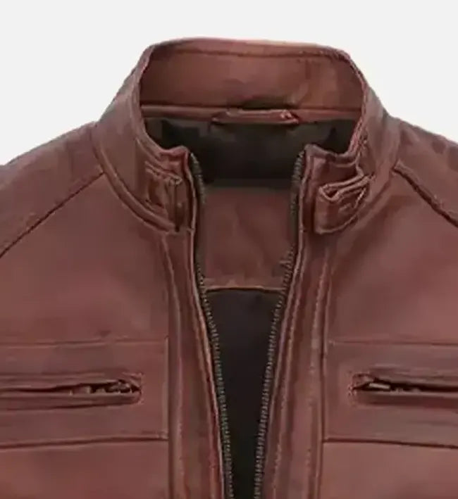 Genuine Sheepskin Brown Café Racer Diamond Quilted Leather Jacket