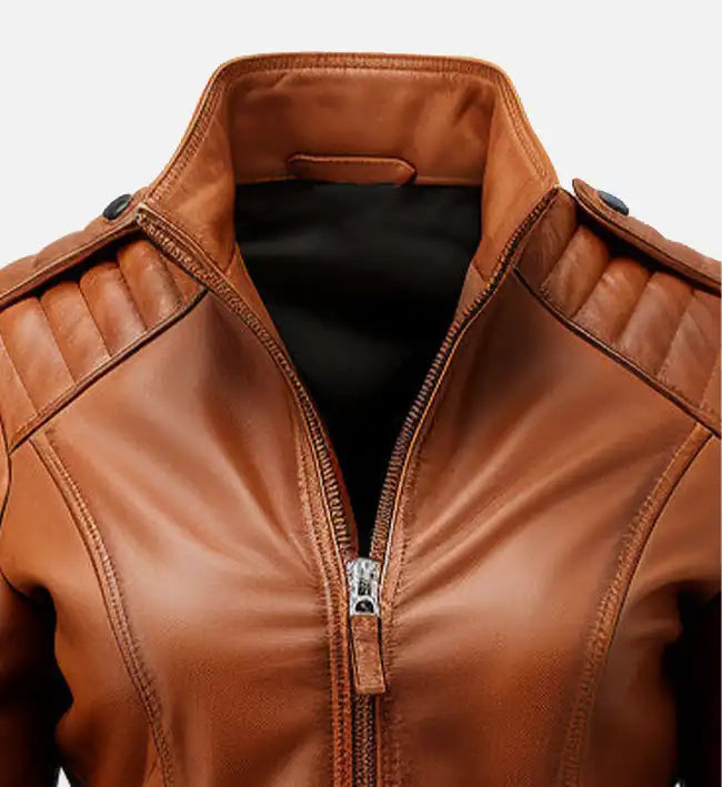 Women’s Sheepskin Leather Bomber Jacket – Brown with Quilted Shoulders and Belted Waist