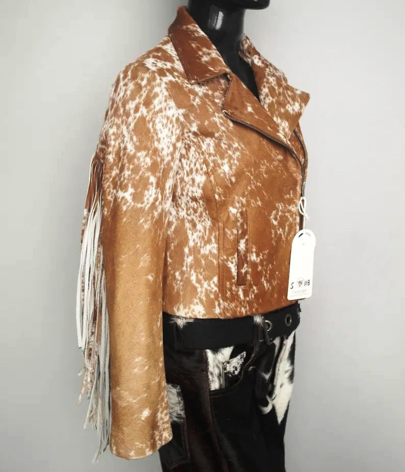 Women's Hair-on Leather Jacket – Chic Moto Racer Biker Jacket for Girls - Unique Hair Leather Colors