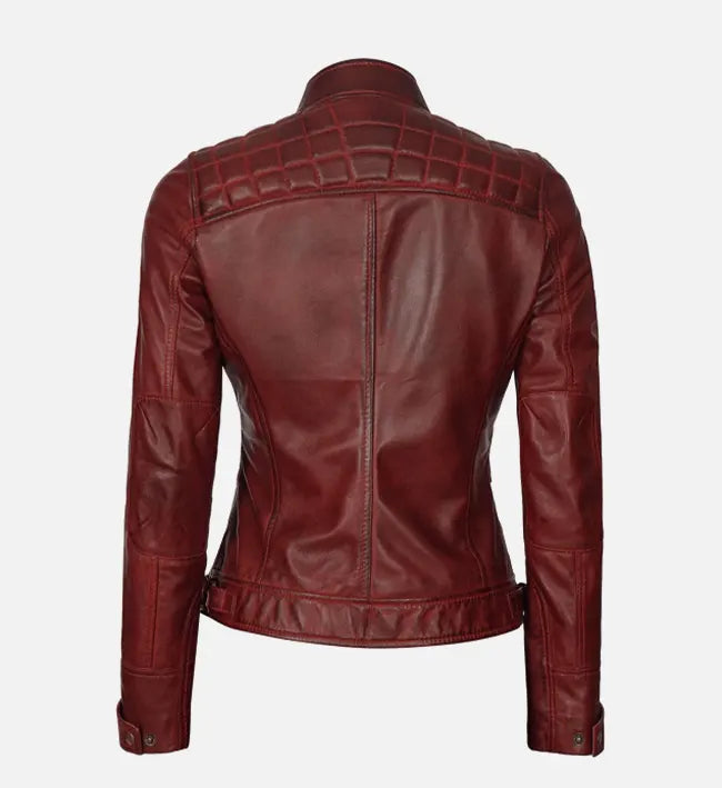 Women’s Sheepskin Reddish Quilted Café Racer Leather Jacket
