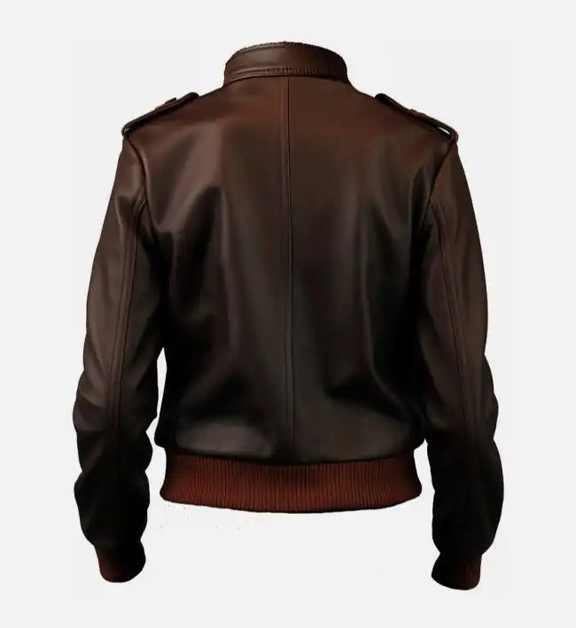 Women’s Brown Sheepskin Leather Bomber Jacket with Ribbed Hemline