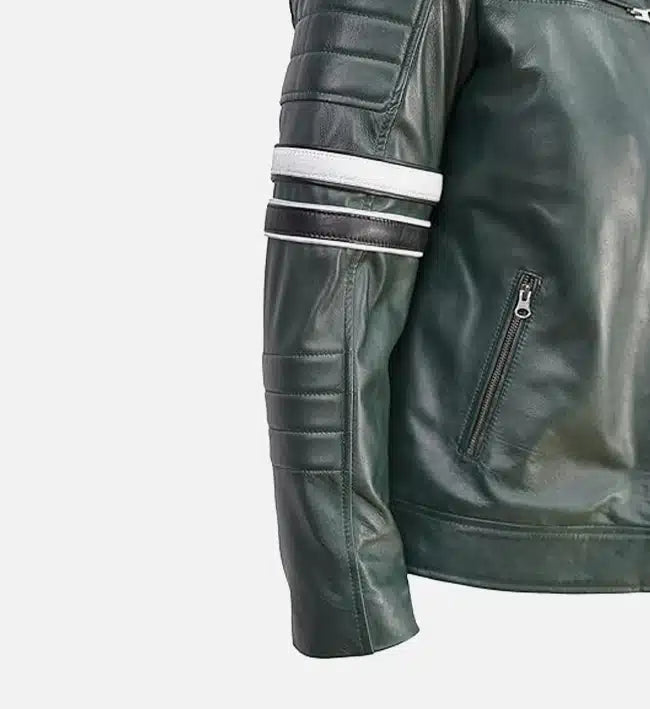 Men’s Sheepskin Leather Jacket – Dark Green with Quilted Shoulder Straps
