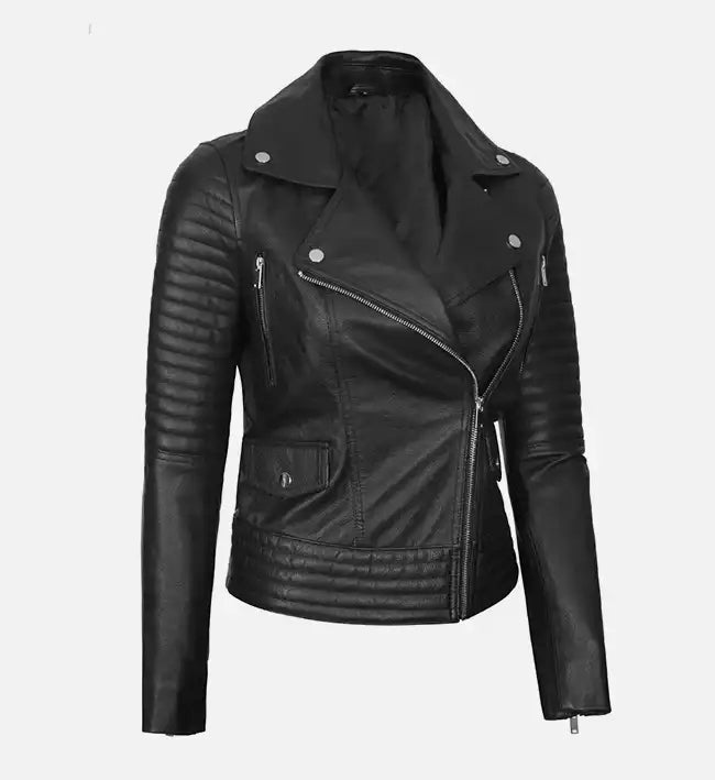 Women’s Sheepskin Black Asymmetrical Biker Leather Jacket