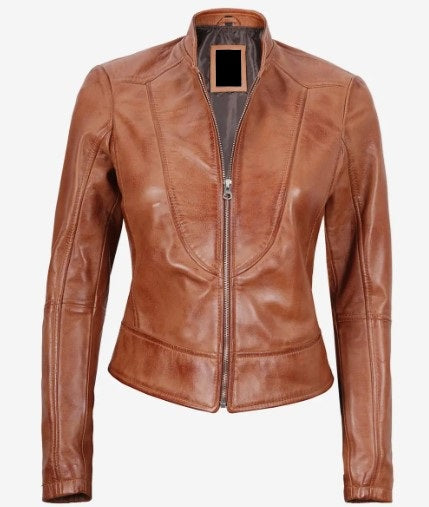 Women's Luxury Lambskin Leather Jacket - Classic Biker Style, Metal Zip Closure - Slim Fit Minimalist Design