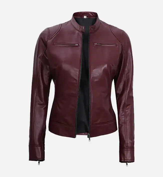 Women’s Sheepskin Leather Jacket – Maroon with Padded Shoulders & Panel Stitching