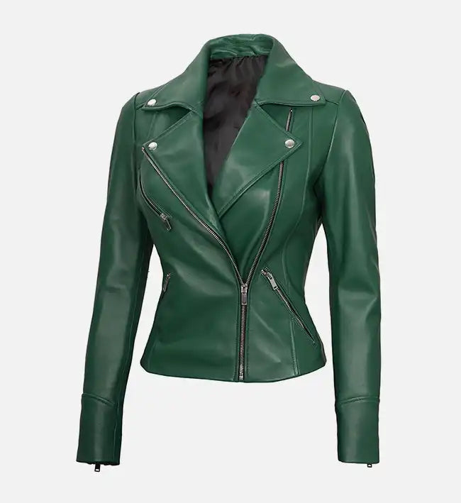 Women’s Signature Sheepskin Leather Biker Jacket – Green, Pink & White