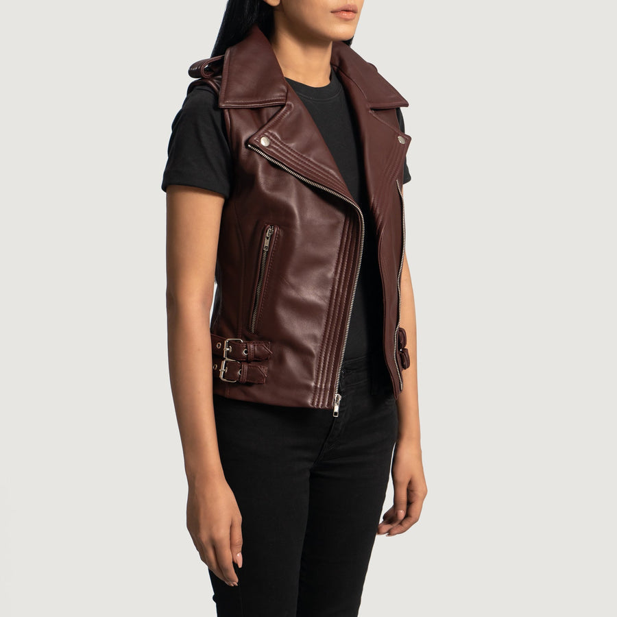 Women’s Maroon Sheepskin Leather Vest with Notch Collar & Zipper Closure