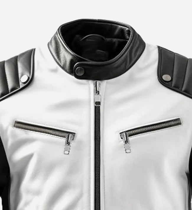 Men’s Black & White Color Block Sheepskin Leather Biker Jacket