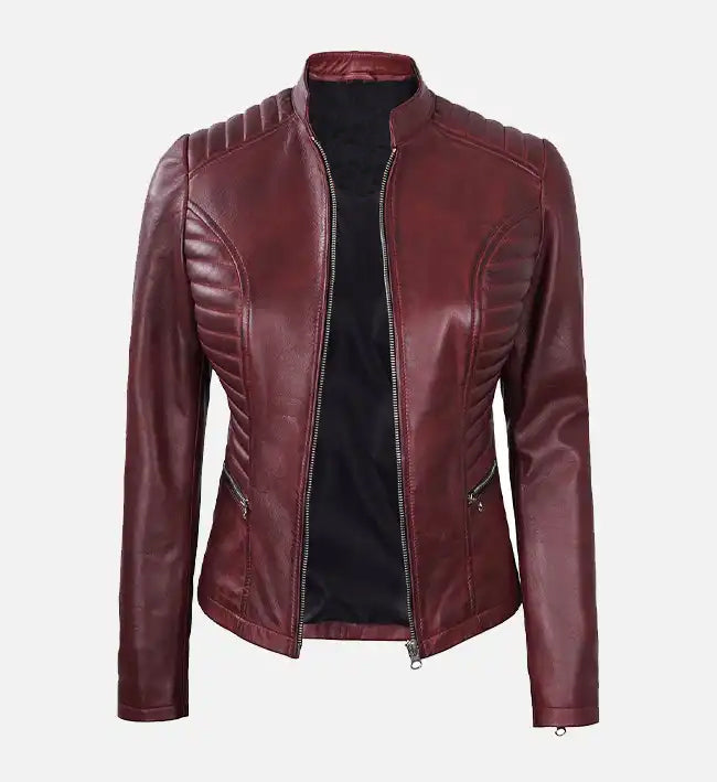 Women’s Sheepskin Maroon Leather Café Racer Jacket with Quilted Padded Detailing