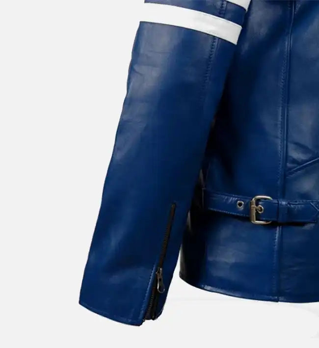 Men’s Sheepskin Leather Jacket – Blue with White Sleeve Stripes