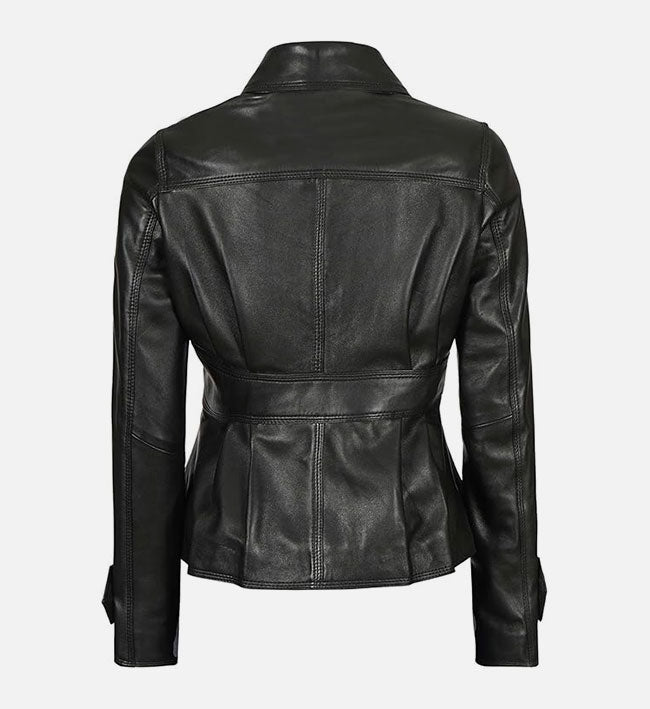 Women’s Sheepskin Leather Jacket – Black Motorcycle-Style with Fitted Waist