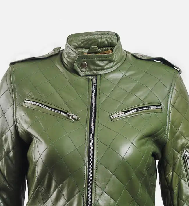Women’s Green Sheepskin Leather Puffer Jacket – Quilted Classic Style