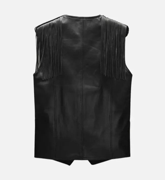 Men’s Black Sheepskin Leather Vest with Fringe & Snap-Tab Shoulders