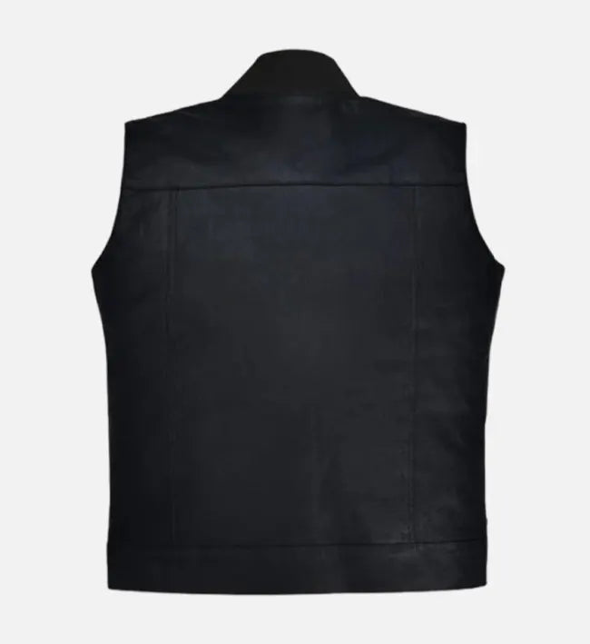 Men’s Black Sheepskin Leather Vest with Ribbed Collar