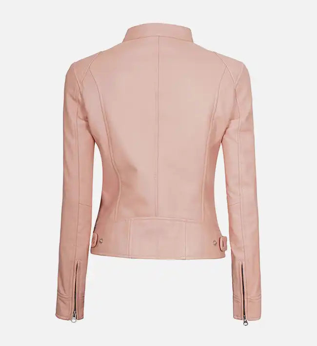 Women’s Light Pink Sheepskin Café Racer Leather Jacket with Snap-Tab Collar