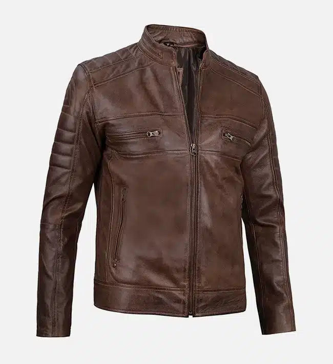 Men’s Sheepskin Distressed Coffee Brown Café Racer Leather Jacket