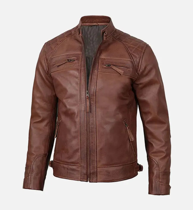 Genuine Sheepskin Brown Leather Slim Fit Jacket For Men