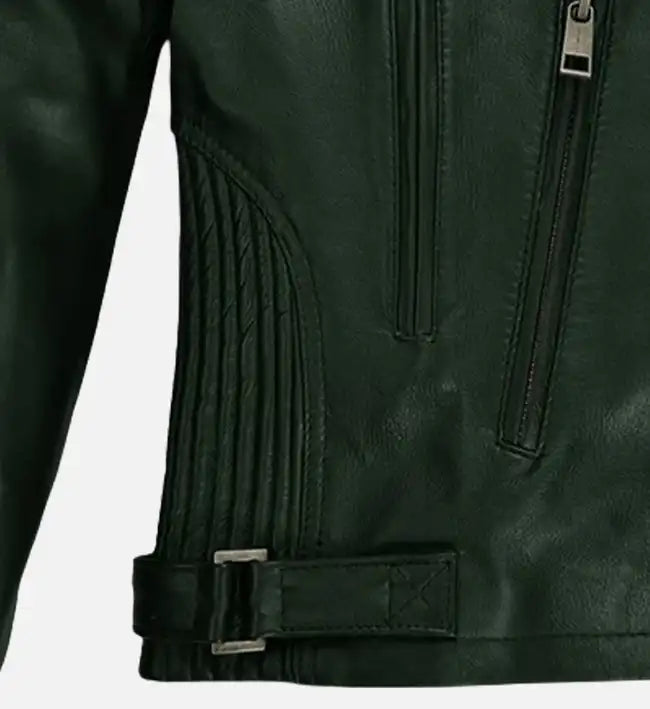 Men’s Sheepskin Vintage Green Biker Leather Jacket – with White Stripes & Quilted Waist Design