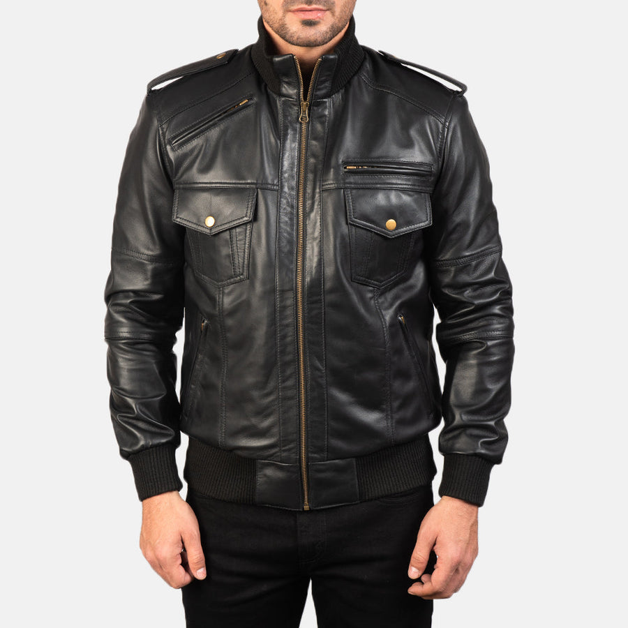 Men’s Sheepskin Leather Jacket with High-Neck Collar & Shoulder Epaulettes