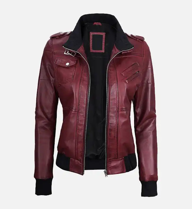 Women’s Sheepskin Leather Bomber Jacket – Maroon with Detachable Hood