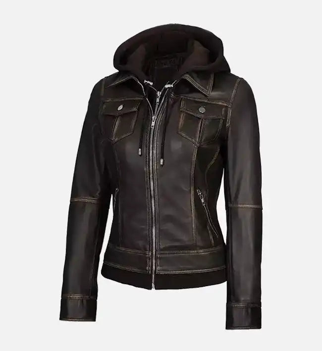 Women’s Sheepskin Leather Bomber Jacket – Dark Brown with Removable Hood