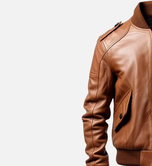 Men’s Brown Sheepskin Leather Jacket with Rib-Knitted Stand-Up Collar