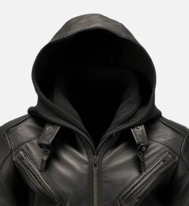 Men’s Sheepskin Leather Jacket – Black with Hooded Stand-Up Collar