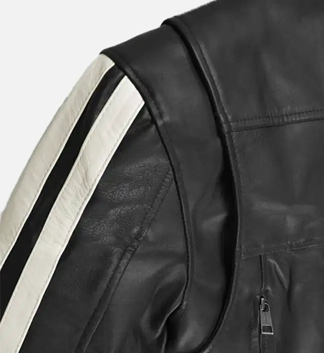 Men’s Vintage Sheepskin Leather Jacket – Black with White Stripe Detailing