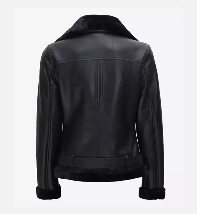 Women’s Sheepskin Leather Jacket – Black with Faux Shearling Details