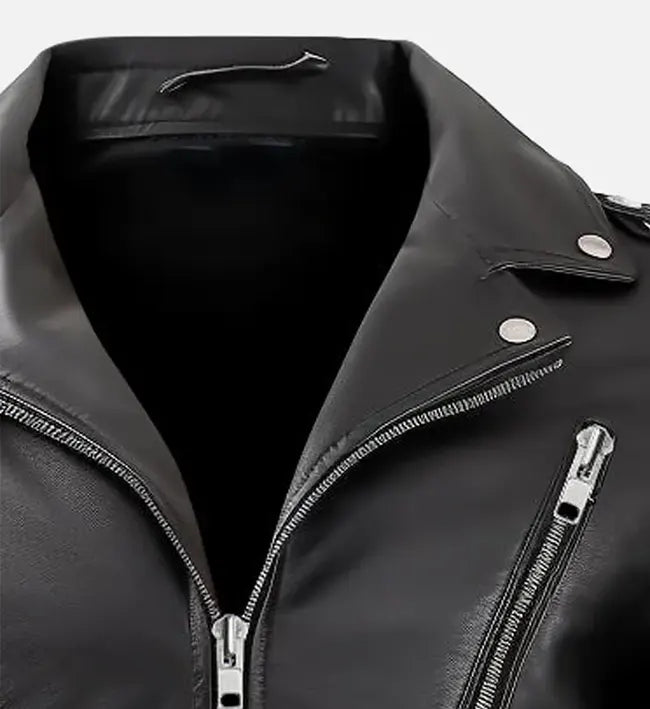 Genuine Sheepskin Leather Biker Jacket – Black with Wide Lapel Collar
