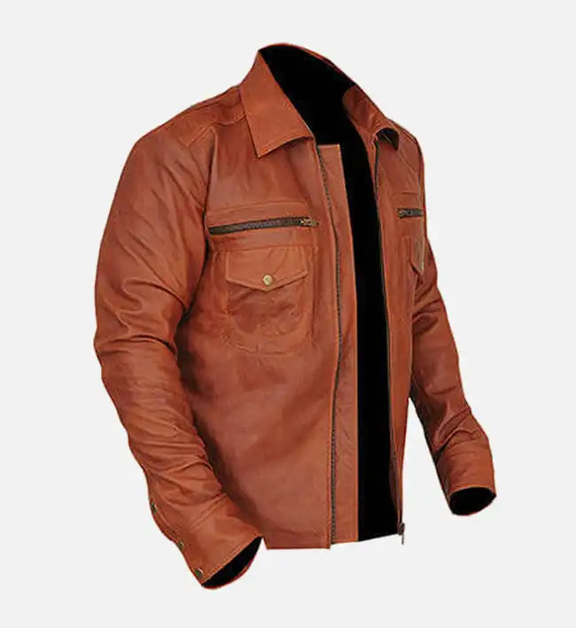 Men’s Sheepskin Distressed Brown Leather Biker Jacket