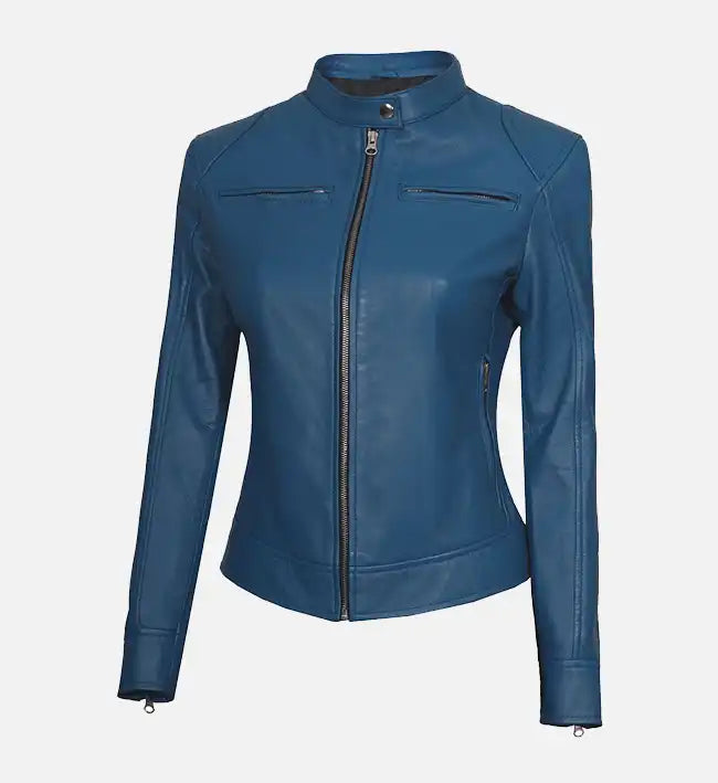 Women’s Signature Sheepskin Blue Café Racer Leather Jacket