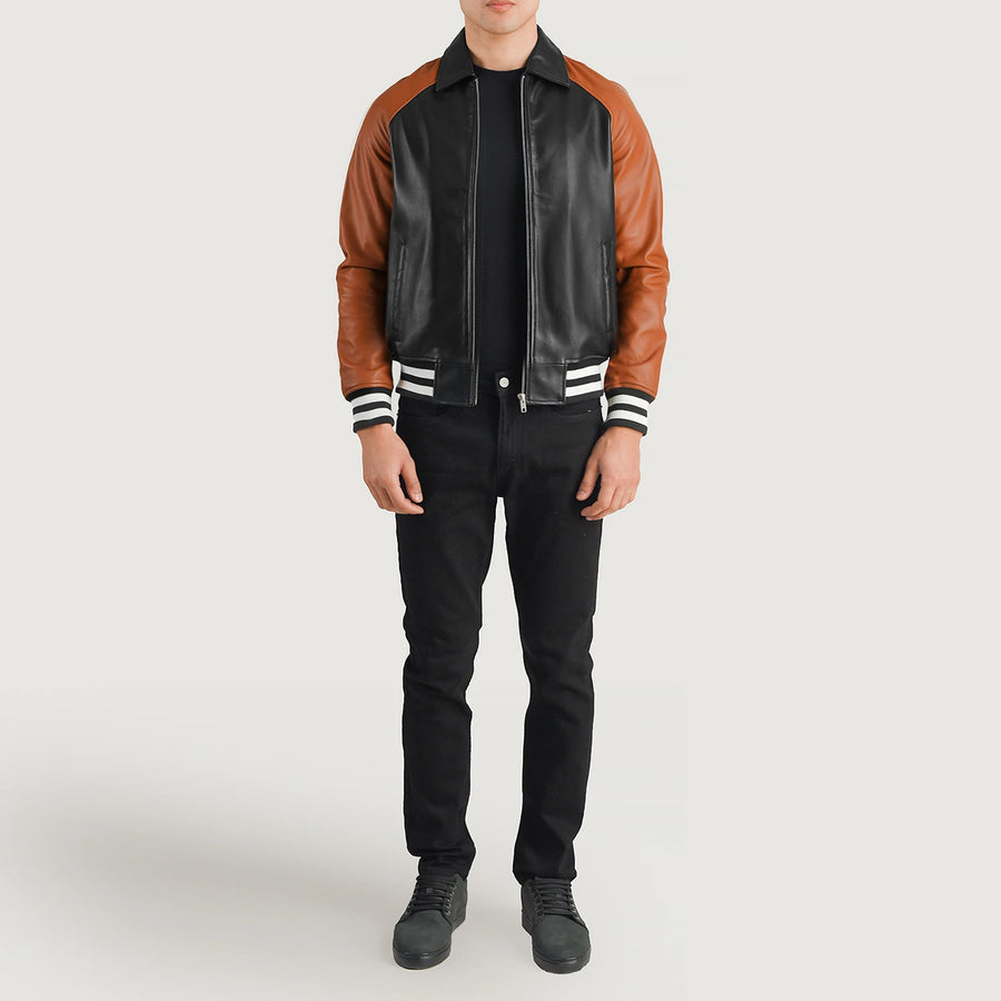Men’s Varsity Leather Jacket – Real Sheepskin Semi-Aniline Bomber with Rib Knit Cuffs