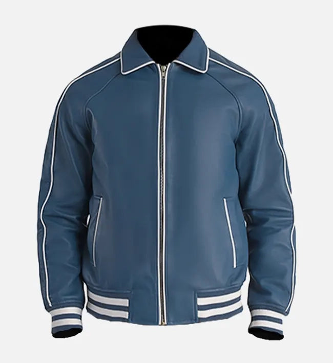 Men’s Sheepskin Leather Bomber Jacket – Shirt Collar with Ribbed Finish