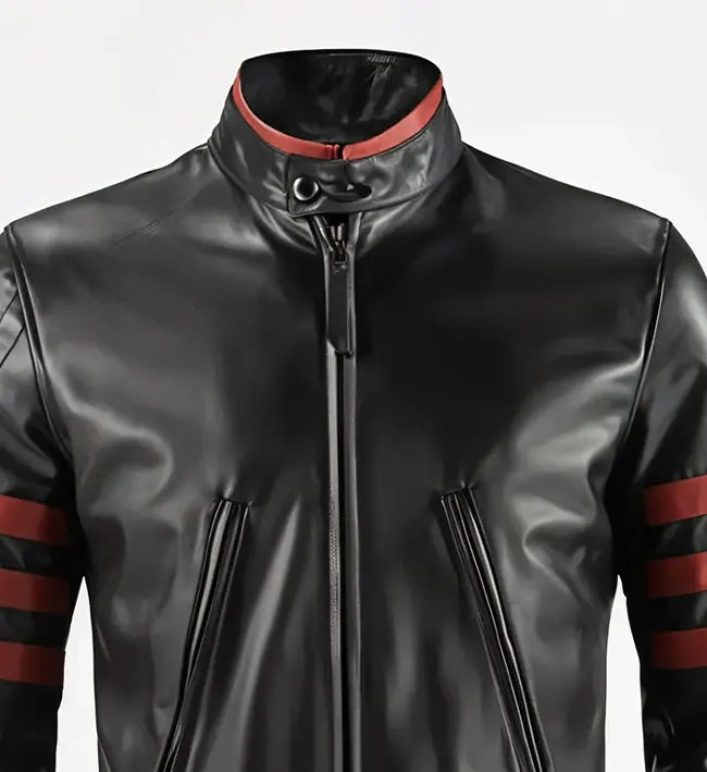 Men's Sheepskin Wolverine Leather Jacket – Black & Red Contrast with Striped Panels