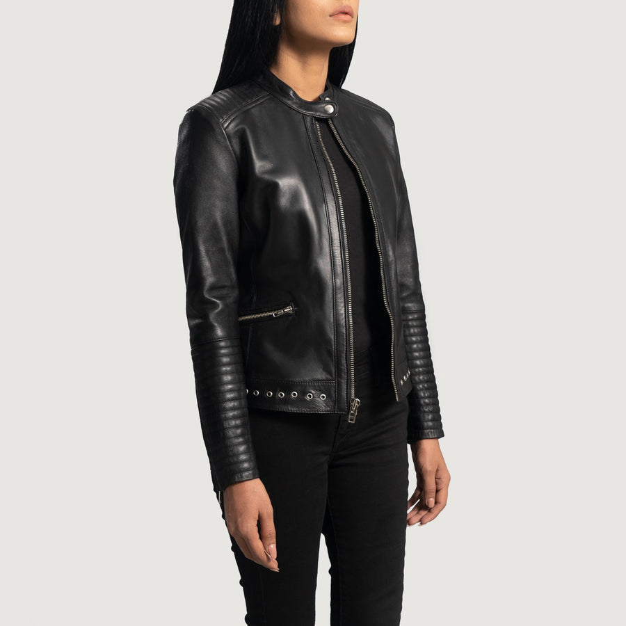 Women’s Black Sheepskin Leather Biker Jacket with Band Collar