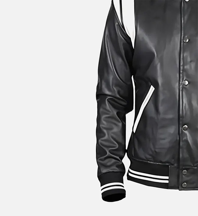 Men’s Sheepskin Leather Jacket – Black with Rib-Knitted Details & White Patches