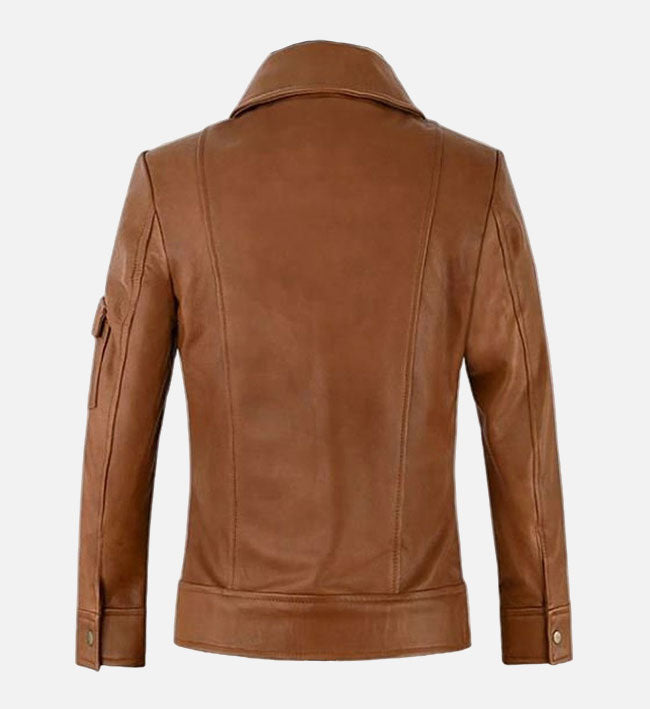 Women’s Sheepskin Leather Trucker Jacket – Tan Brown with Classic Silhouette