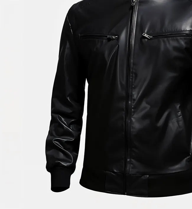 Men’s Sheepskin Leather Bomber Jacket – Black with Padded Shoulders