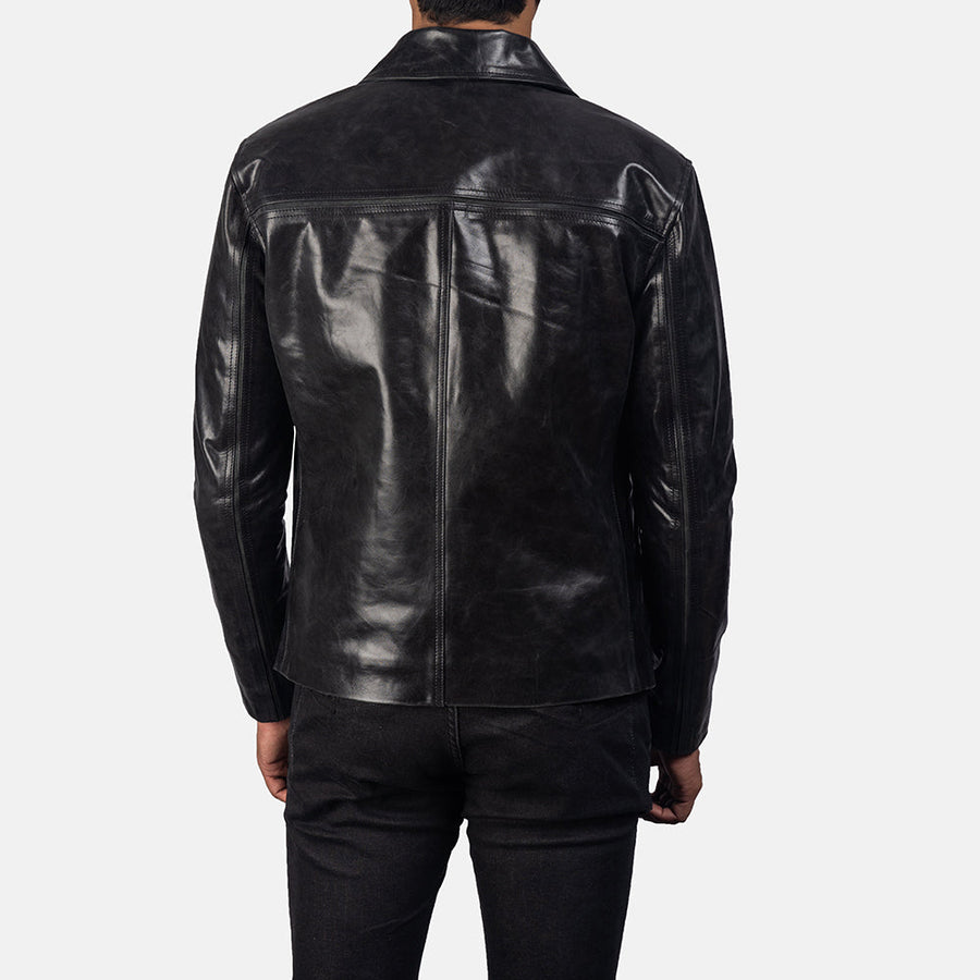 Men’s Black Cowhide Leather Biker Jacket – Classic Shirt Collar Style
