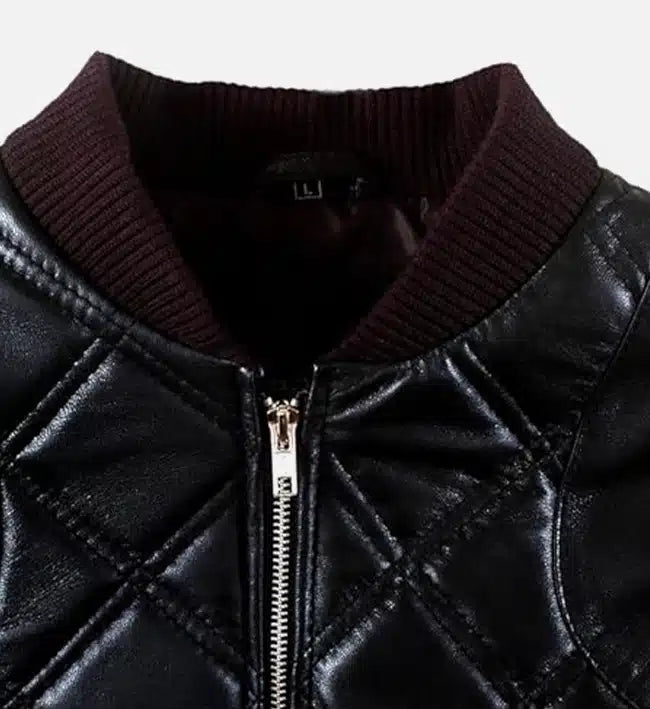 Men’s Sheepskin Leather Bomber Jacket – Black with Diamond Quilted Pattern