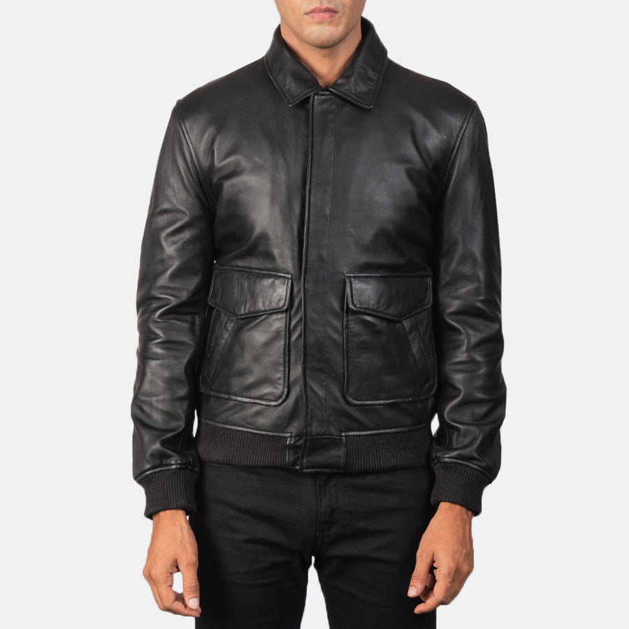 Men’s Sheepskin Leather Jacket with Shirt Collar and Button Flap