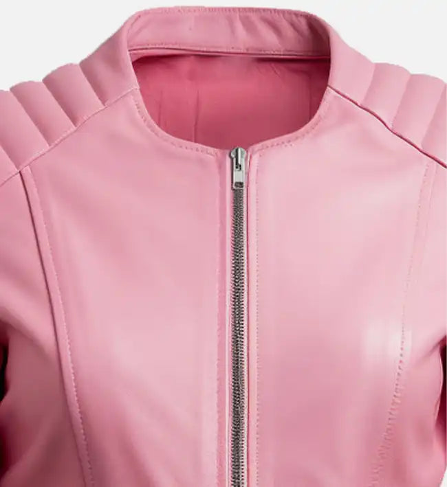 Women’s Pink Sheepskin Leather Biker Jacket – Cropped Fit with Quilted Shoulders