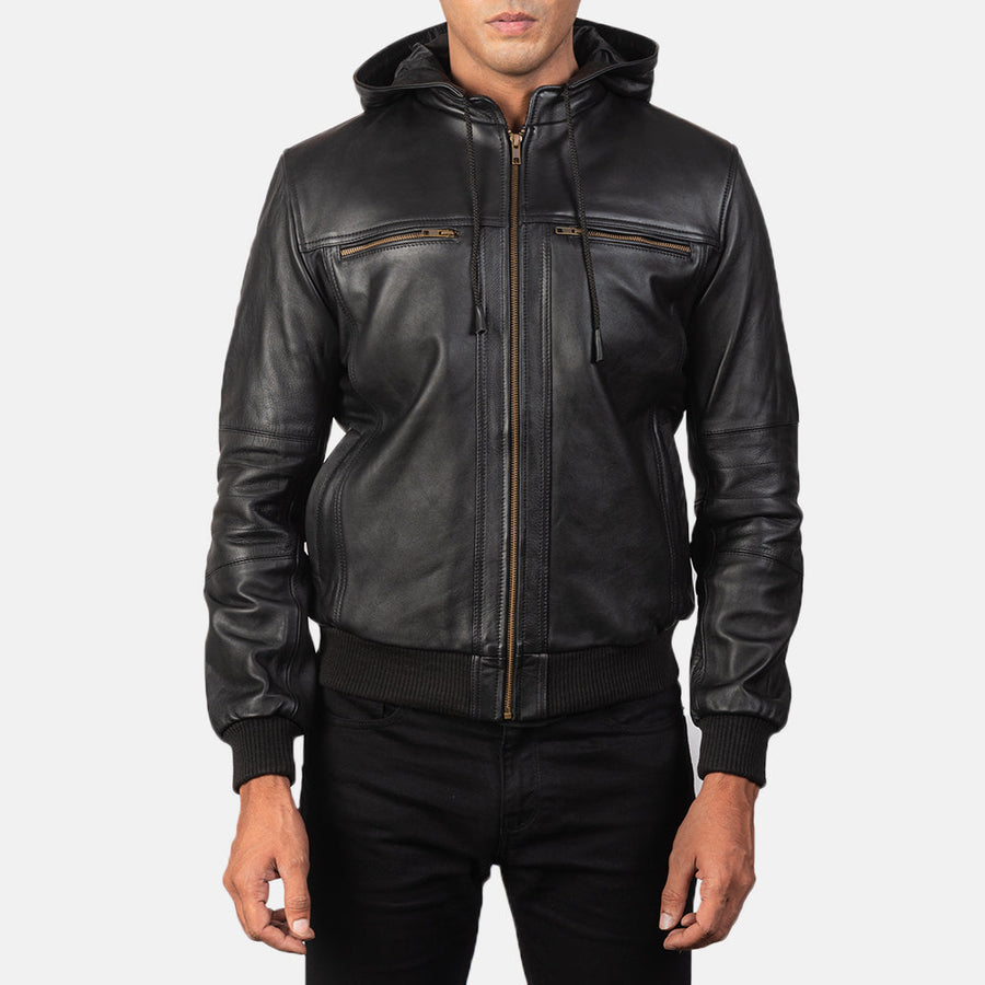 Men’s Hooded Genuine Cowhide Leather Jacket – Rib Knit Finish