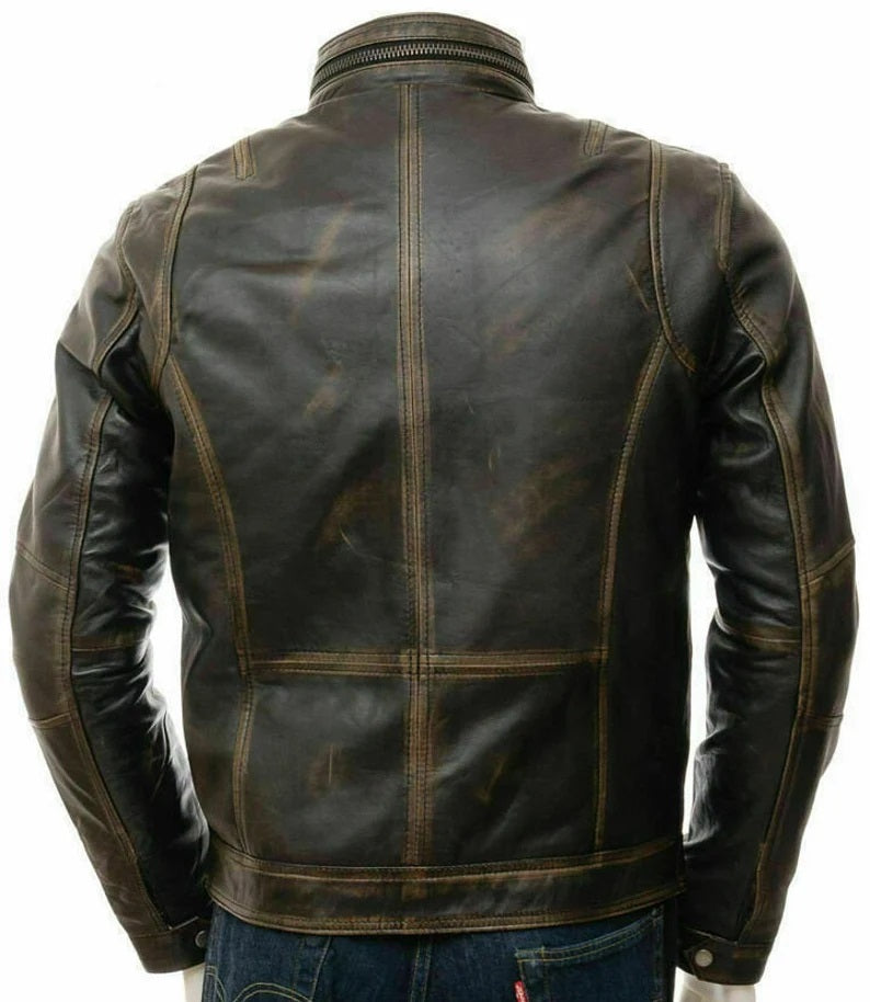 Distressed Leather Jacket Men - Genuine Leather Jacket Moto Biker Style for all occasions