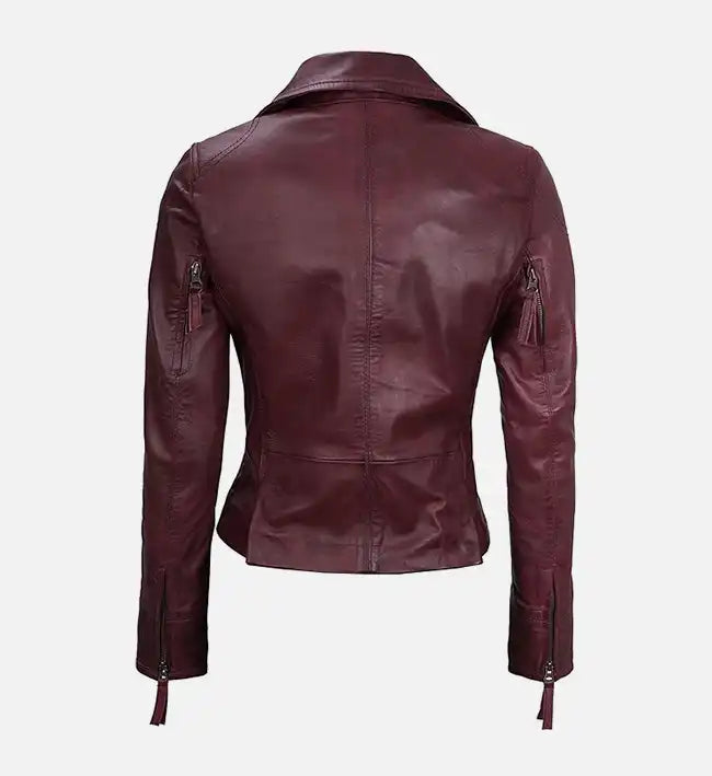 Women’s Sheepskin Maroon Asymmetrical Biker Leather Jacket