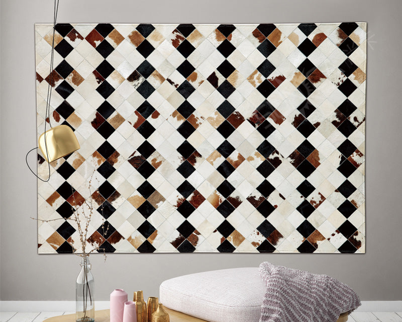 Exclusive Hair-On Cowhide Leather Patchwork Rectangle Rug – Handcrafted Design